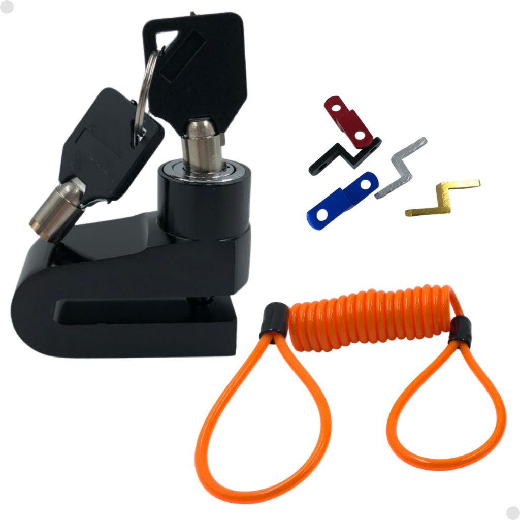 Cadeado trava disco freio p/moto bike+cabo lembrete segurança - Alfashop