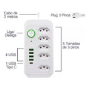 Filtro De Linha Extensão 2 Mts 5 Tomada 4 Usb 1 Tipo-c Régua