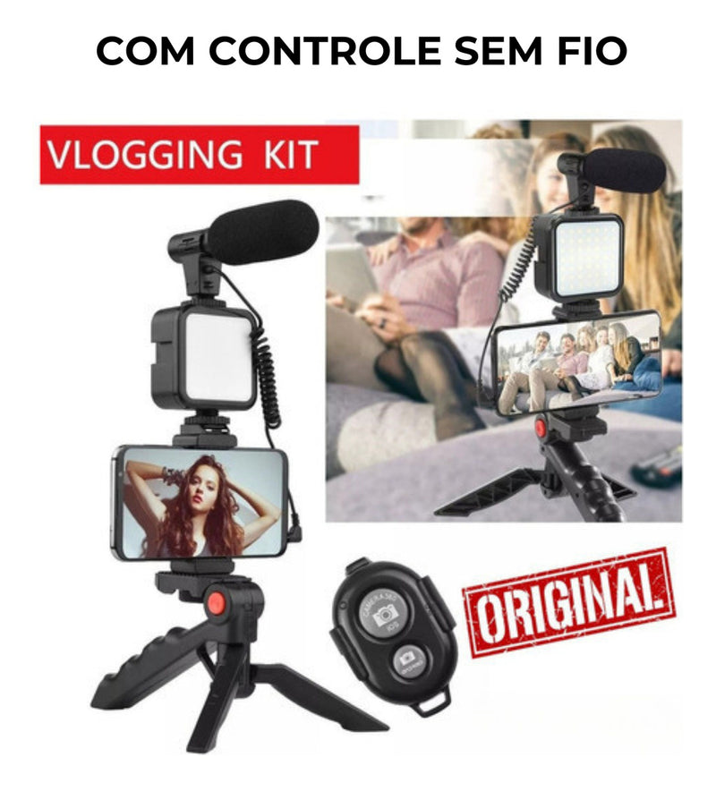 Kit Youtuber Vlog Live Tripé Celular Suporte Led E Microfone Com controle Bluetooth Video-Making Kit AY-49 - Alfashop