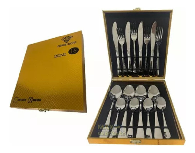 Faqueiro Ouro Luxo 16 Peças Aço Inox Com Caixa - Lançamento - Alfashop