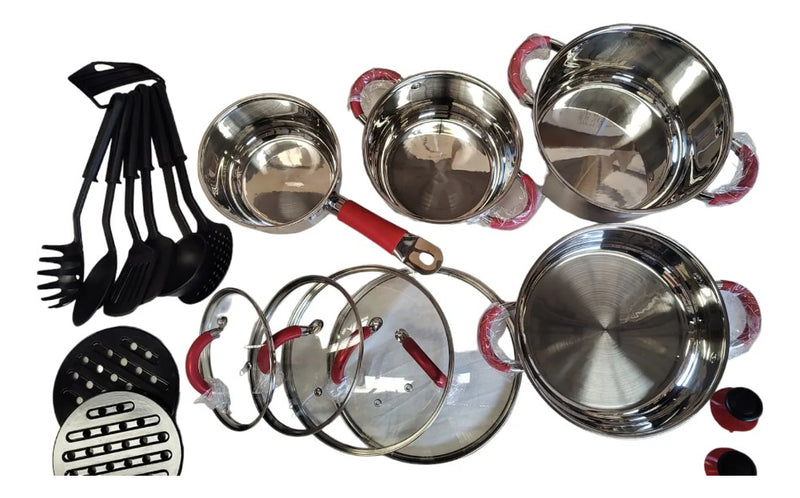 Panelas Aço Inox Genebra Vermelha 18 Pçs De Luxo - Alfashop