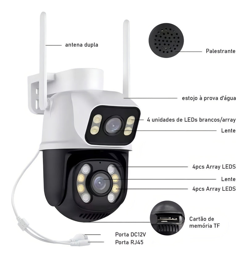 Ip Camera Externa Wifi Dupla Lentes 2 Em 1 Visao Noturna Cor Branco com preto - Alfashop
