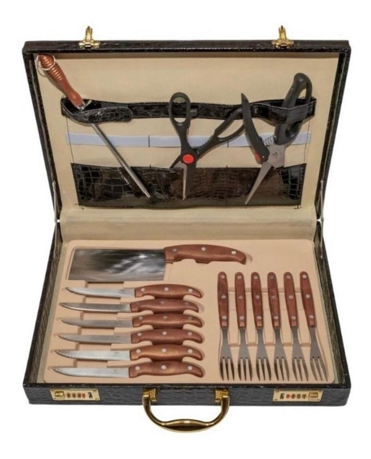 Kit Churrasco Ou Cozinha Com Maleta Em Couro 25 Peças Promo - Alfashop