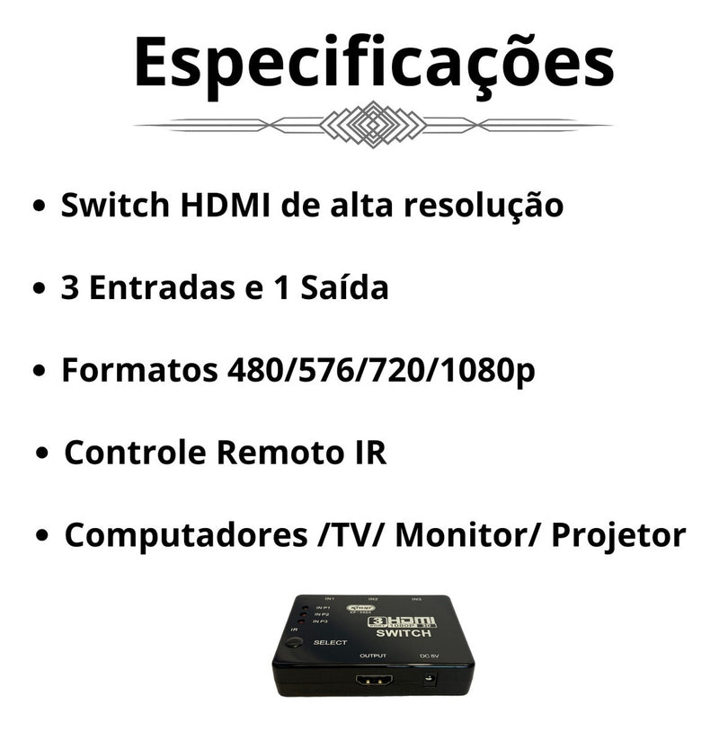 Switch 3 Em 1 Hdmi Seletor De Sinal Controle Remoto 4k Hub - Alfashop