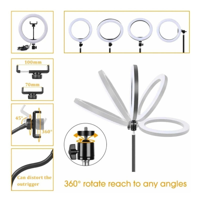 Ring Light Iluminador Led 10 Polegadas Com Tripé De 180 Cm Cor da estrutura Preto Cor da luz 03 Três Cores 110V/220V (BiVolt) - Alfashop