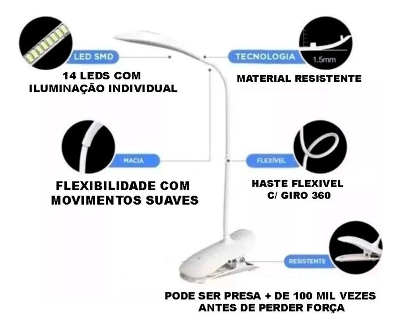 Luminária Mesa Led Recarregável S/ Fio Touch Abajur C/garra Cor da cúpula Branco Cor da estrutura Branco - Alfashop
