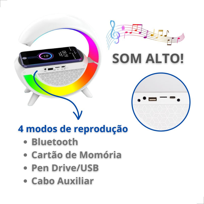 Luminária Carregador Indução G Speaker Caixa De Som Relógio - Alfashop
