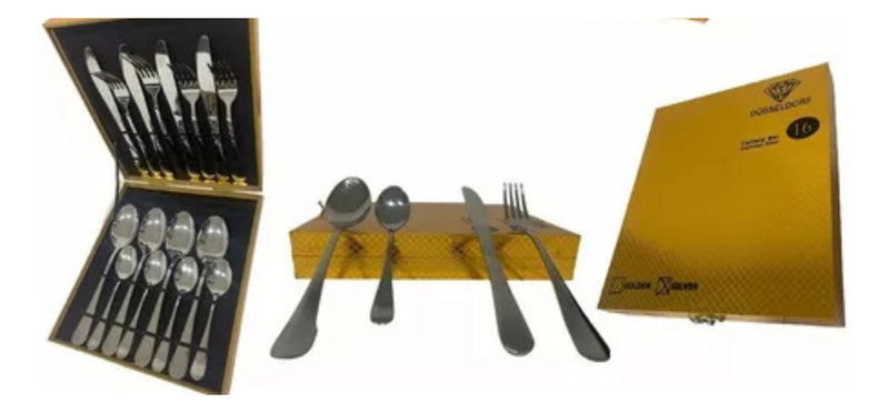 Faqueiro Ouro Luxo 16 Peças Aço Inox Com Caixa - Lançamento - Alfashop