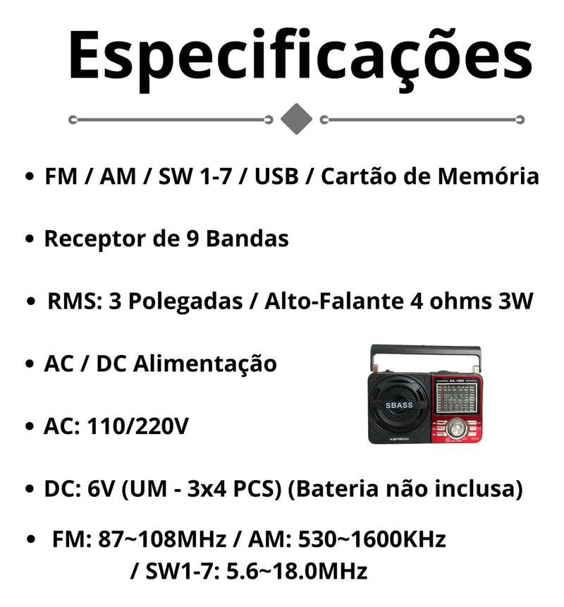 Rádio Portátil Bluetooth Pilha E Tomada Am Fm Usb Sw 110/220 - Alfashop