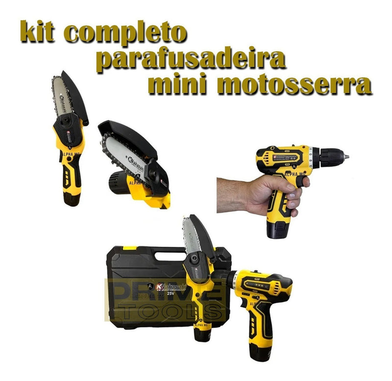 Mini Motoserra + Parafusadeira 2 Baterias Kit Profissional - Alfashop