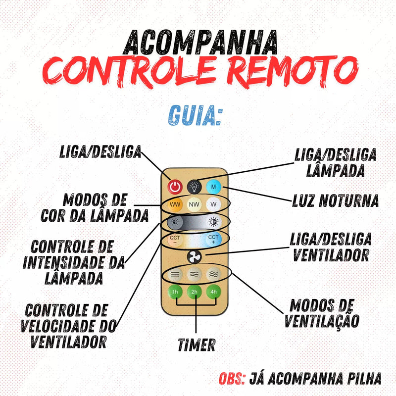 Lampada Ventilador De Teto E27 C/ 6 Helices Controle Bivolt Luz Branco 127/220v - Alfashop