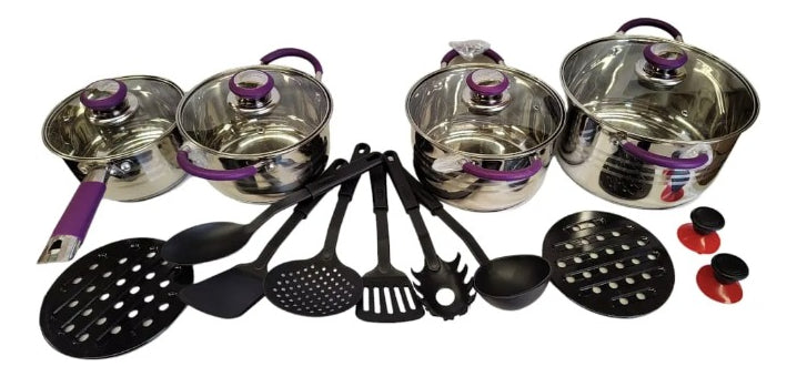 Jogo De Panelas Aço Inox Genebra Lilás 18 Pçs De Luxo - Alfashop