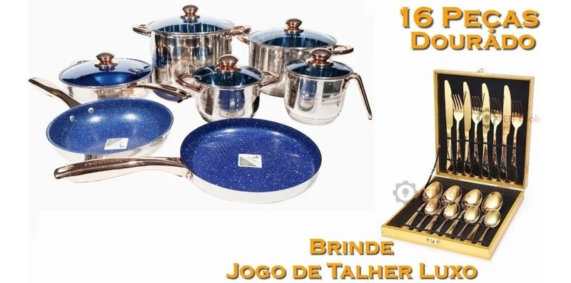 Jogo De Panelas 23pçs Anti-aderente + Talher 16pçs Dourado - Alfashop
