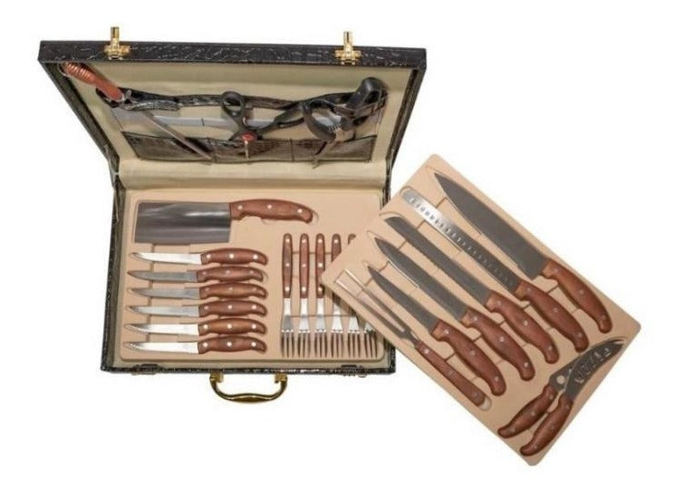 Kit Churrasco Ou Cozinha Com Maleta Em Couro 25 Peças Promo - Alfashop
