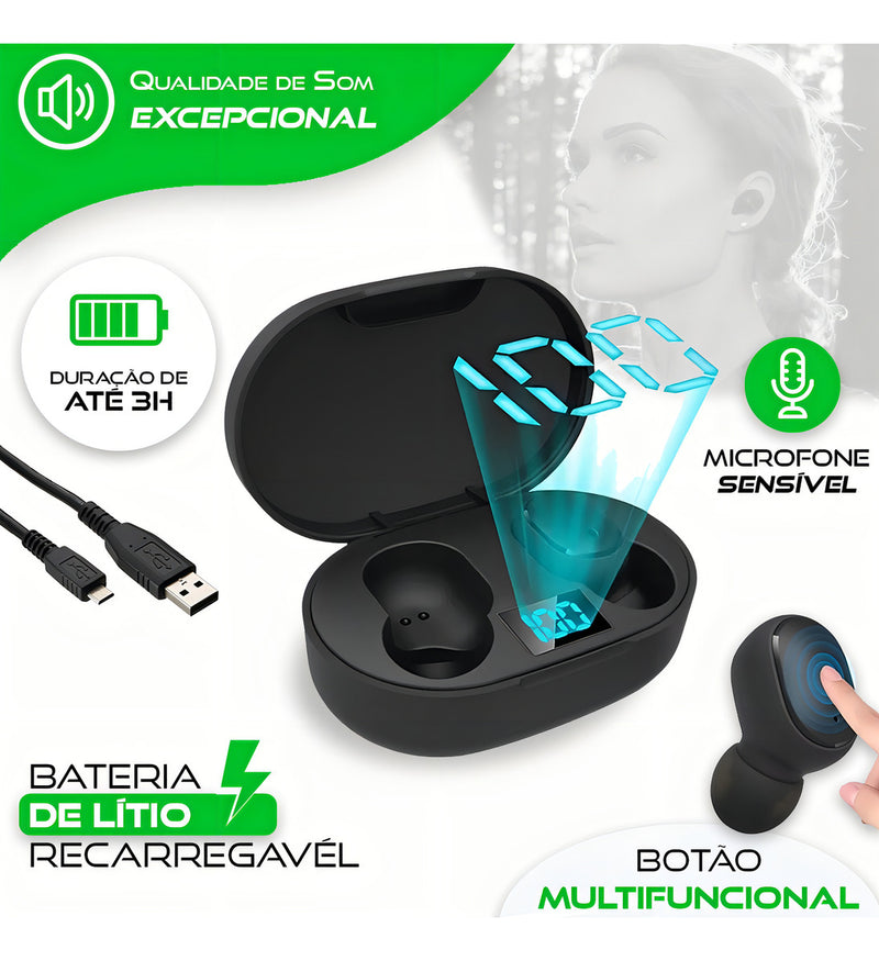 Fone de ouvido in-ear sem fio E6S preto com luz LED - Alfashop