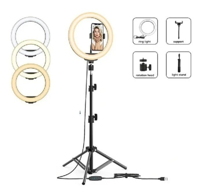 Ring Light Iluminador Led 10 Polegadas Com Tripé De 180 Cm Cor da estrutura Preto Cor da luz 03 Três Cores 110V/220V (BiVolt) - Alfashop
