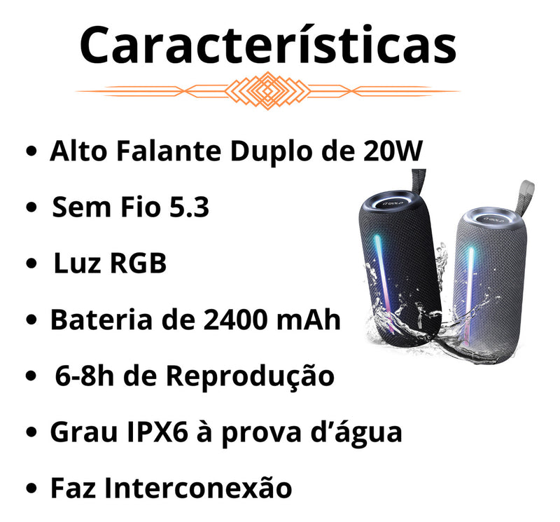 Caixa De Som 20w Alta Potência Sem Fio Bluetooth Ipx6 Rgb - Alfashop