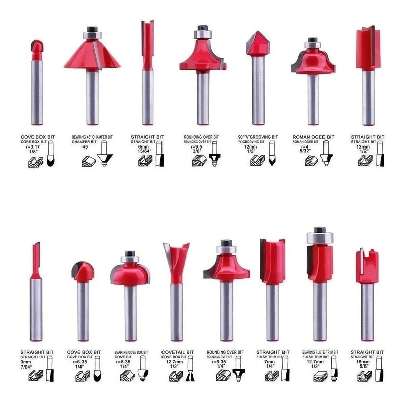 Jogo Kit Fresas Pra Tupia 15 Pçs 8mm + Estojo De Madeira. - Alfashop