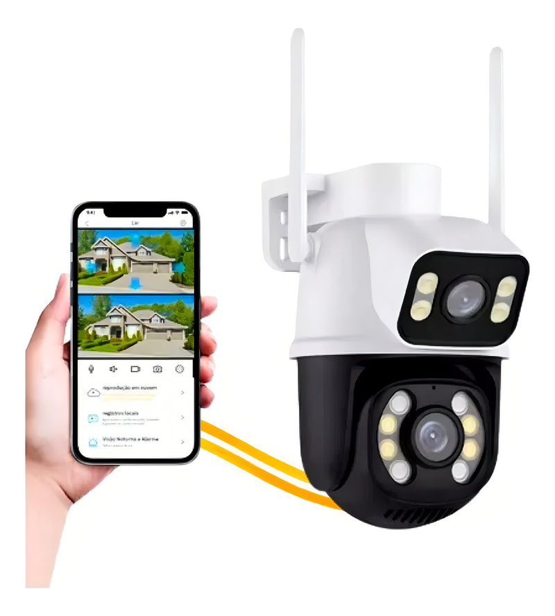 Ip Camera Externa Wifi Dupla Lentes 2 Em 1 Visao Noturna Cor Branco com preto - Alfashop