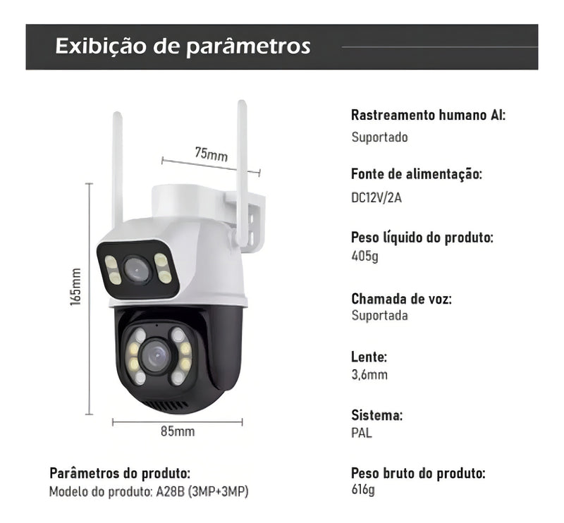 Ip Camera Externa Wifi Dupla Lentes 2 Em 1 Visao Noturna Cor Branco com preto - Alfashop