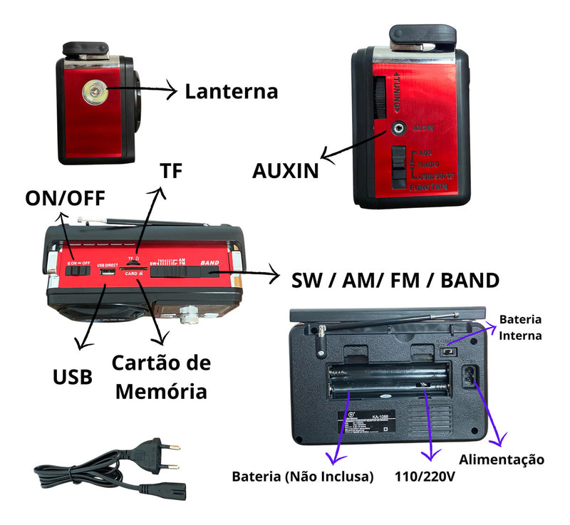 Rádio Portátil Bluetooth Pilha E Tomada Am Fm Usb Sw 110/220 - Alfashop