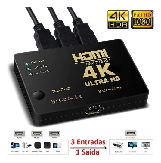 Chaveador Comutador Hdmi 3x1 Switch 4k 3d Uhd Full Hd - Alfashop