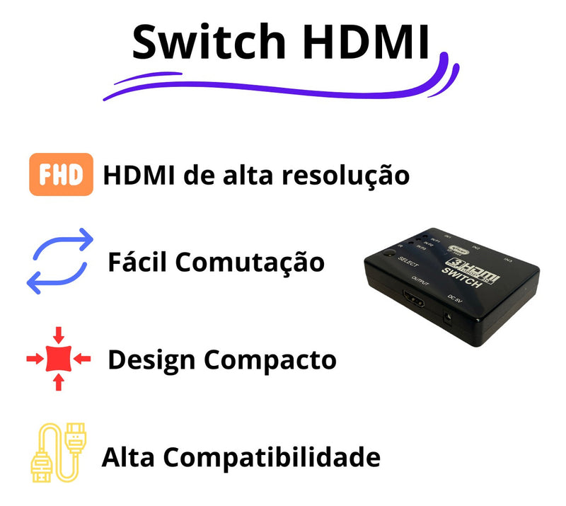 Switch 3 Em 1 Hdmi Seletor De Sinal Controle Remoto 4k Hub - Alfashop
