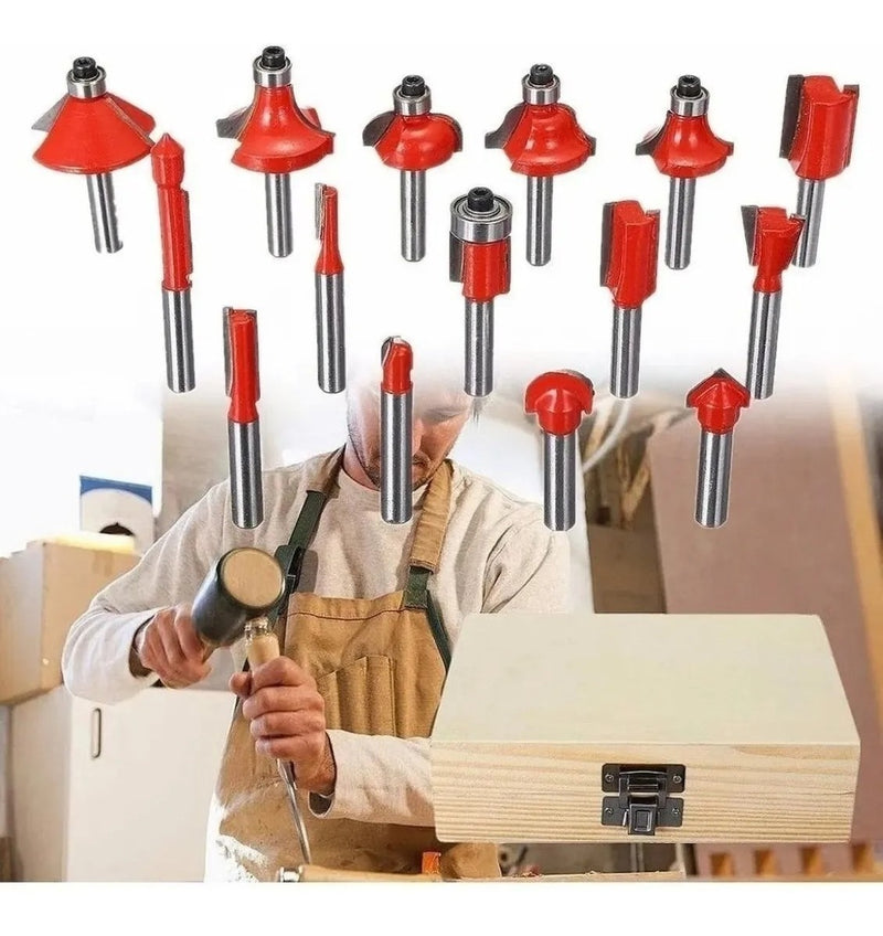 Jogo Kit Fresas Pra Tupia 15 Pçs 8mm + Estojo De Madeira. - Alfashop