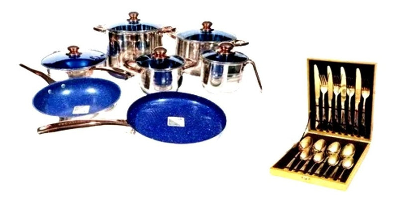 Jogo De Panelas 23pçs Anti-aderente + Talher 16pçs Dourado - Alfashop