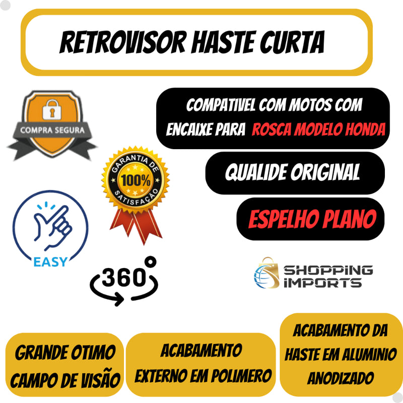 Retrovisor de moto esportivo  Modelo Z400 Kawasaki Rosca Honda Lente Convexa GVS rebaixado - Alfashop