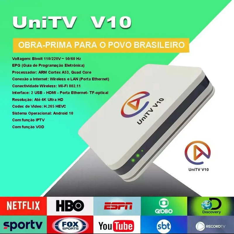 UNITV-Smart TV Box, V10, APARELHO, CANAIS, PRONTA, ENTREGA BRASIL - Alfashop